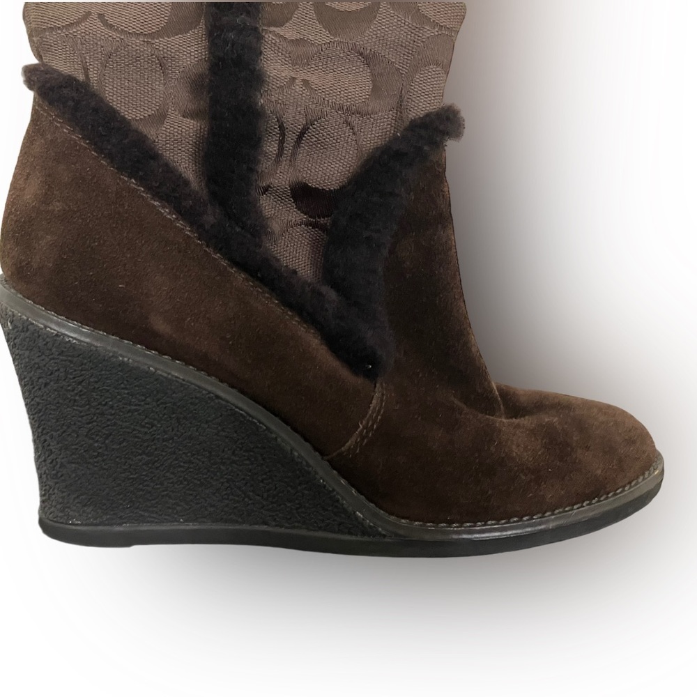 Coach Brown Monogram C Logo Jordana W123Sheepskin Suede Zip Wedges 7 1/2M No box - Picture 7 of 12